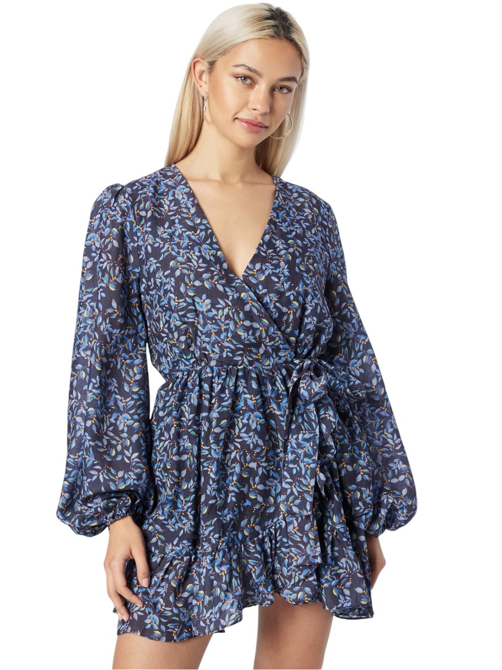 Bardot Blue Floral V-Neck Long Sleeve Ruffle Wrap Mini Dress (S/US 4)